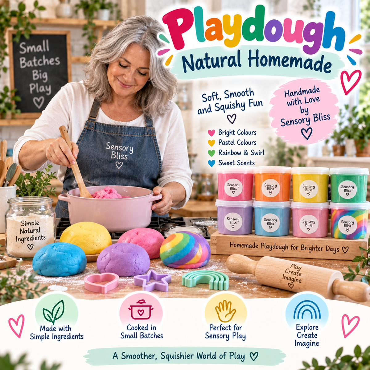 Sensory Bliss natural homemade playdough being cooked in small batches, with bright, pastel, rainbow and sweet-scented playdough