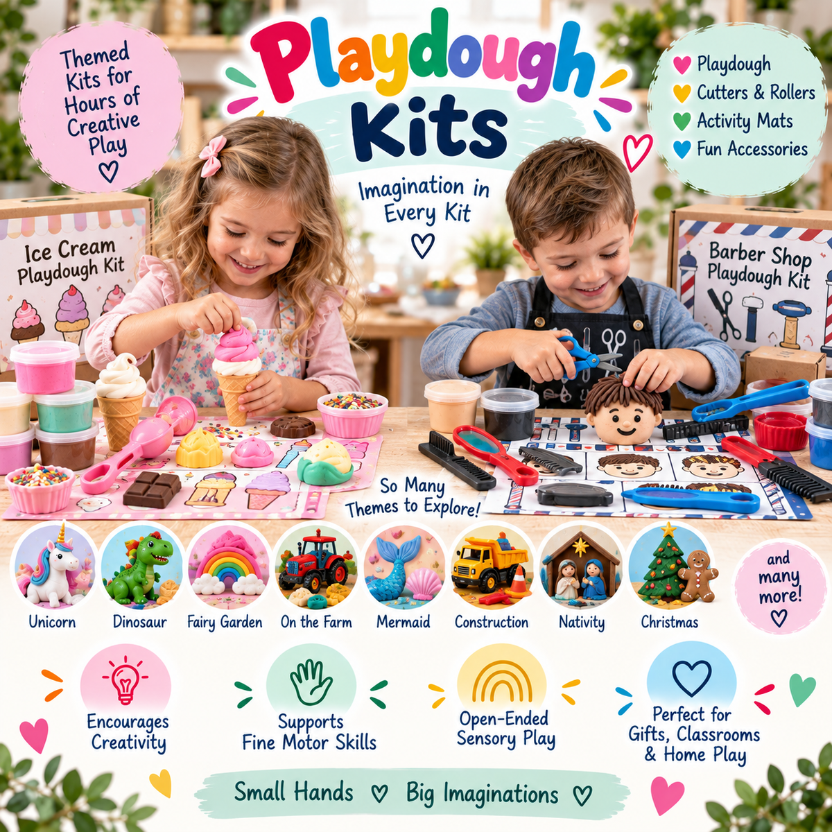Sensory Bliss themed Playdough Kits with children enjoying Ice Cream and Barber Shop playdough activities, featuring homemade playdough, cutters, rollers, activity mats and accessories.
