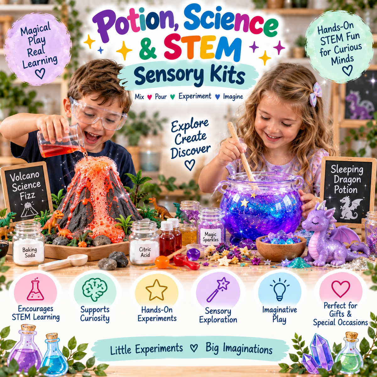 Sensory Bliss Potion, Science and STEM Sensory Kits featuring children exploring a bubbling volcano experiment and magical Sleeping Dragon Potion sensory play.