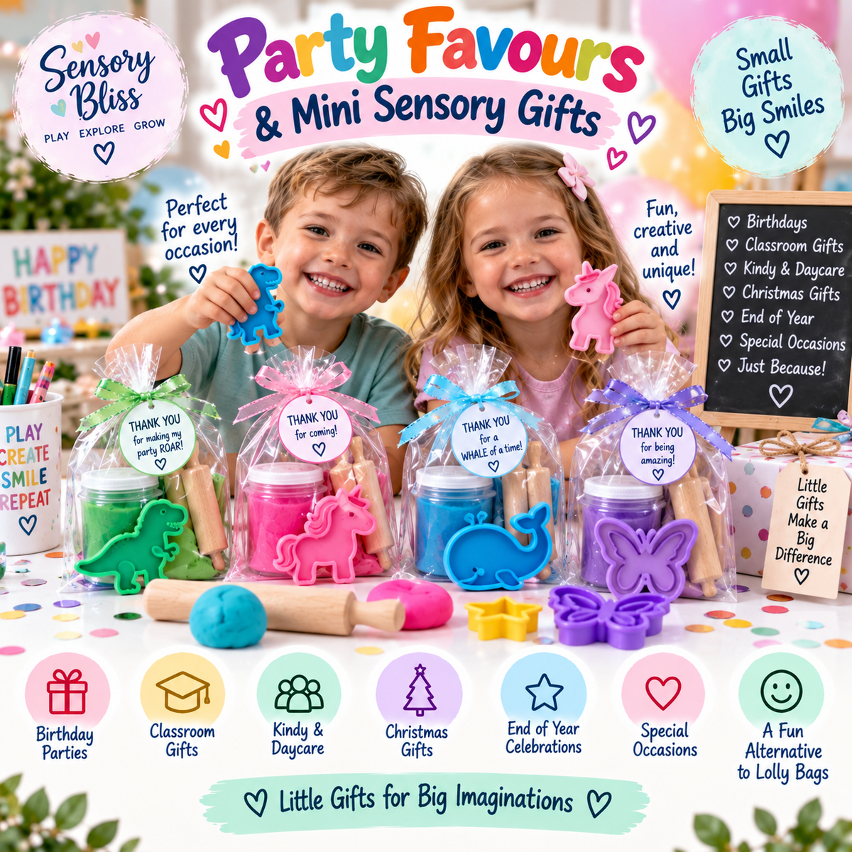 Sensory Bliss Party Favours and Mini Sensory Gifts featuring personalised playdough minis with rollers and themed cutters for birthdays, classroom gifts, Christmas and special occasions.