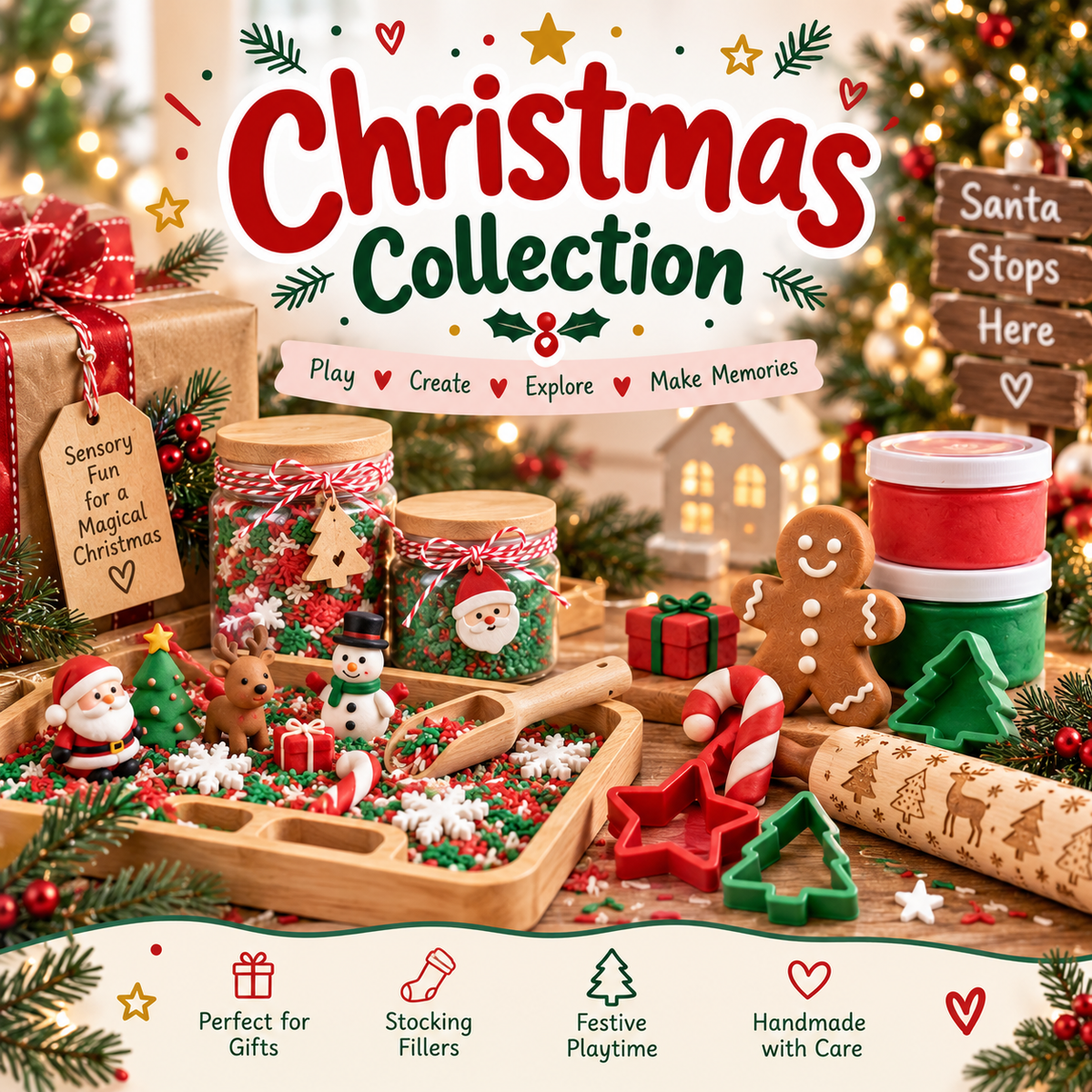 Sensory Bliss Christmas Collection featuring festive sensory rice, playdough, Christmas cutters, rollers and sensory play accessories.