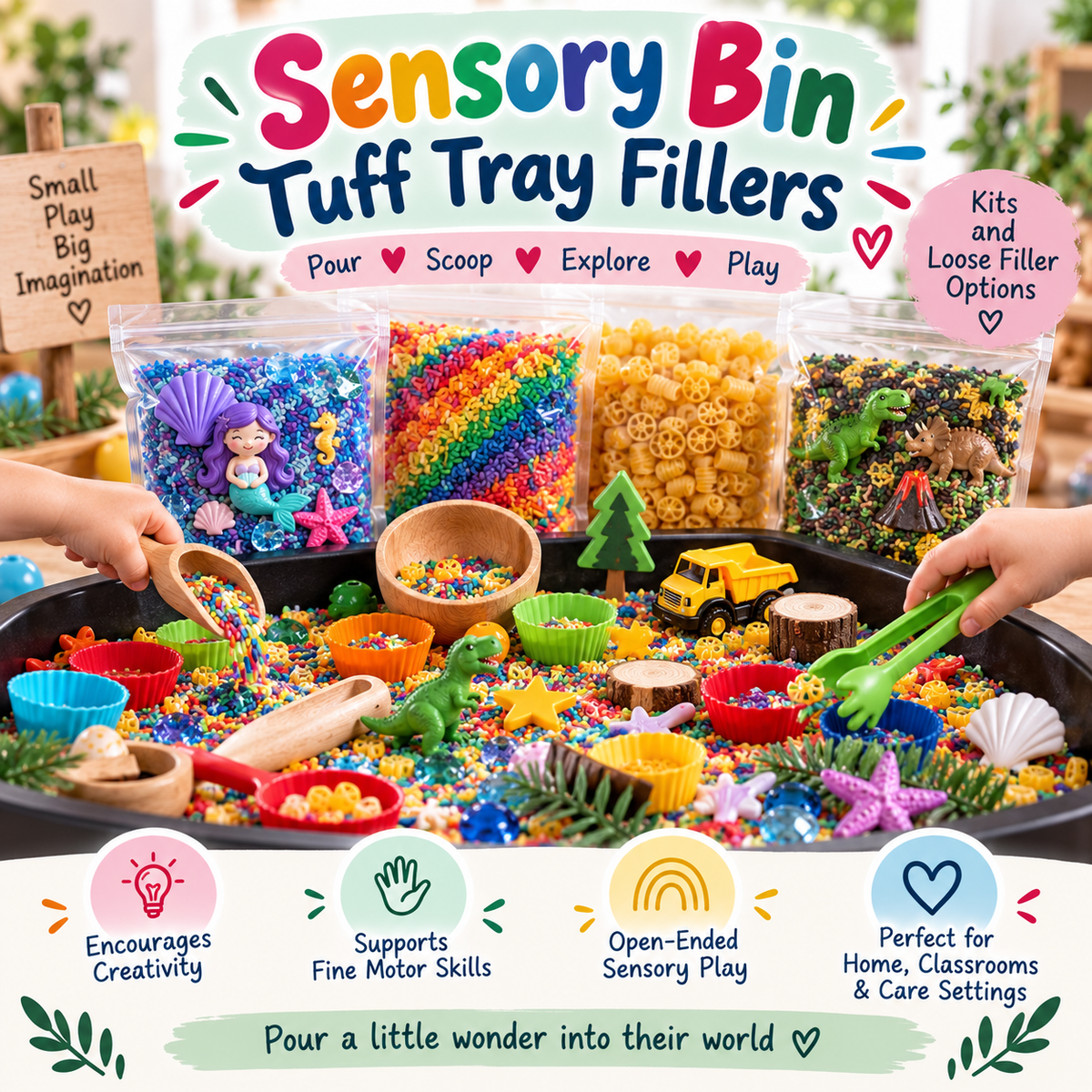 Sensory Bliss Sensory Bin and Tuff Tray Fillers featuring colourful sensory rice, pasta and Pour & Play Kits for scooping, pouring and imaginative sensory play.