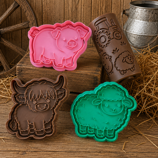 On the Farm Playdough Tools - Cutters, Stamp Patterned Roller - Animals