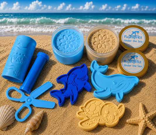 Under the Sea Ocean - Natural Playdough Kit - Cutters, Stamp, Patterned Roller & Playdough Scissors