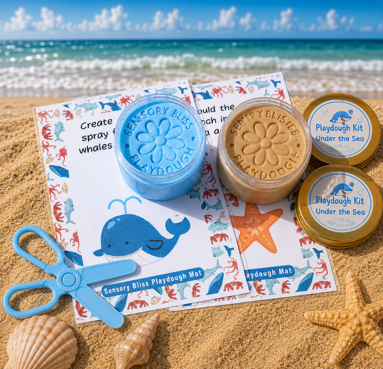 Under the Sea Ocean - Natural Playdough Kit - Cutters, Stamp, Patterned Roller & Playdough Scissors