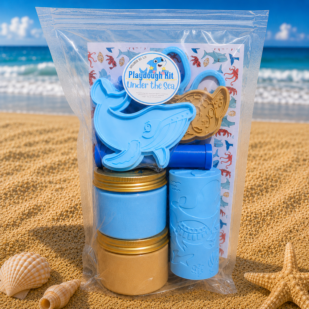 Under the Sea Ocean - Natural Playdough Kit - Cutters, Stamp, Patterned Roller & Playdough Scissors