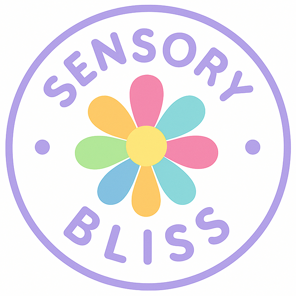A circular logo with the words 'SENSORY BLISS' in lavender-purple lettering surrounding a stylized flower with pastel pink, yellow, light blue, and green petals on a white background.