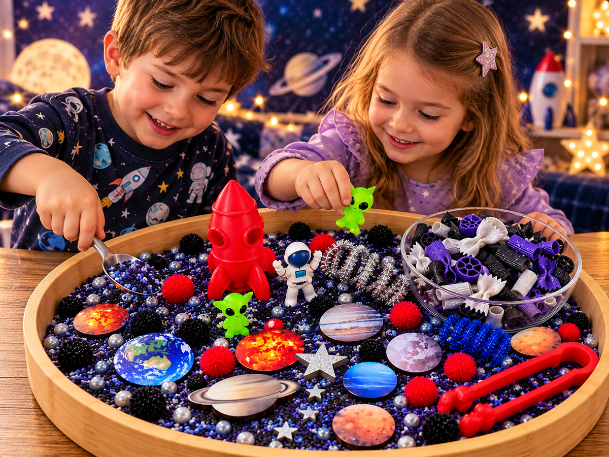 Outer Space Pour & Play Sensory Kit - Galaxy, Rocket, Astronaut, Aliens