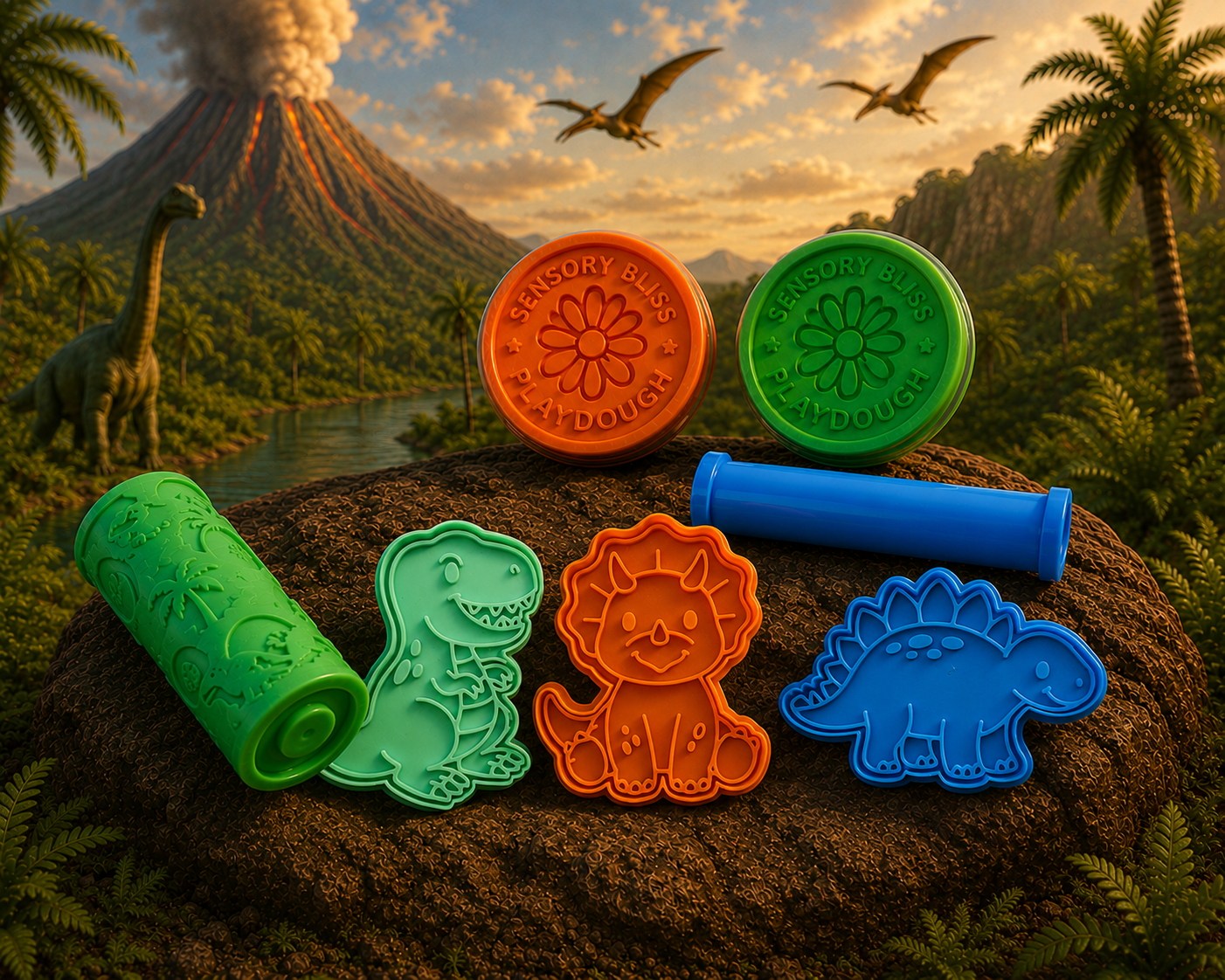 Dinosaur Playdough Kit - Triceratops, T-Rex, Long Neck