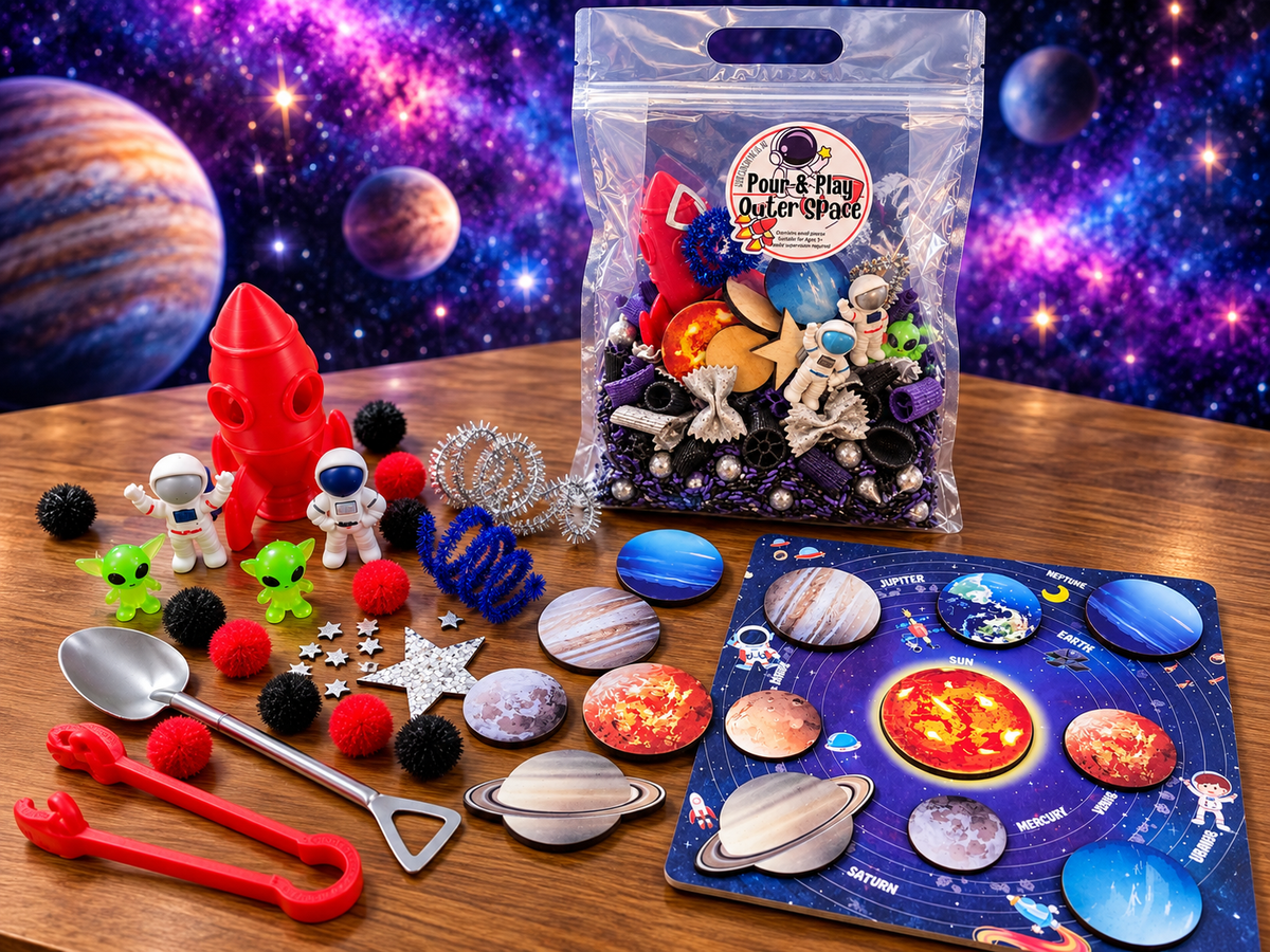 Outer Space Pour & Play Sensory Kit - Galaxy, Rocket, Astronaut, Aliens