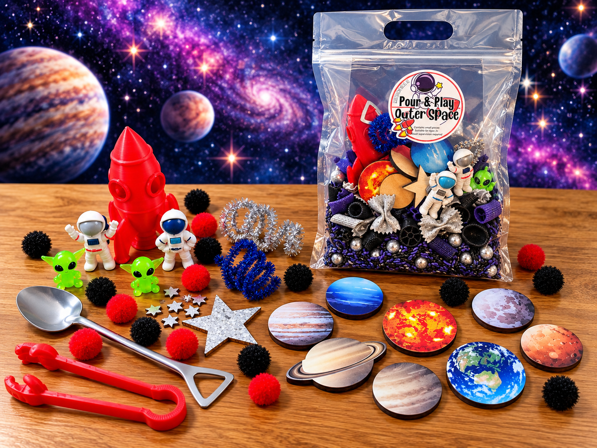 Outer Space Pour & Play Sensory Kit - Galaxy, Rocket, Astronaut, Aliens